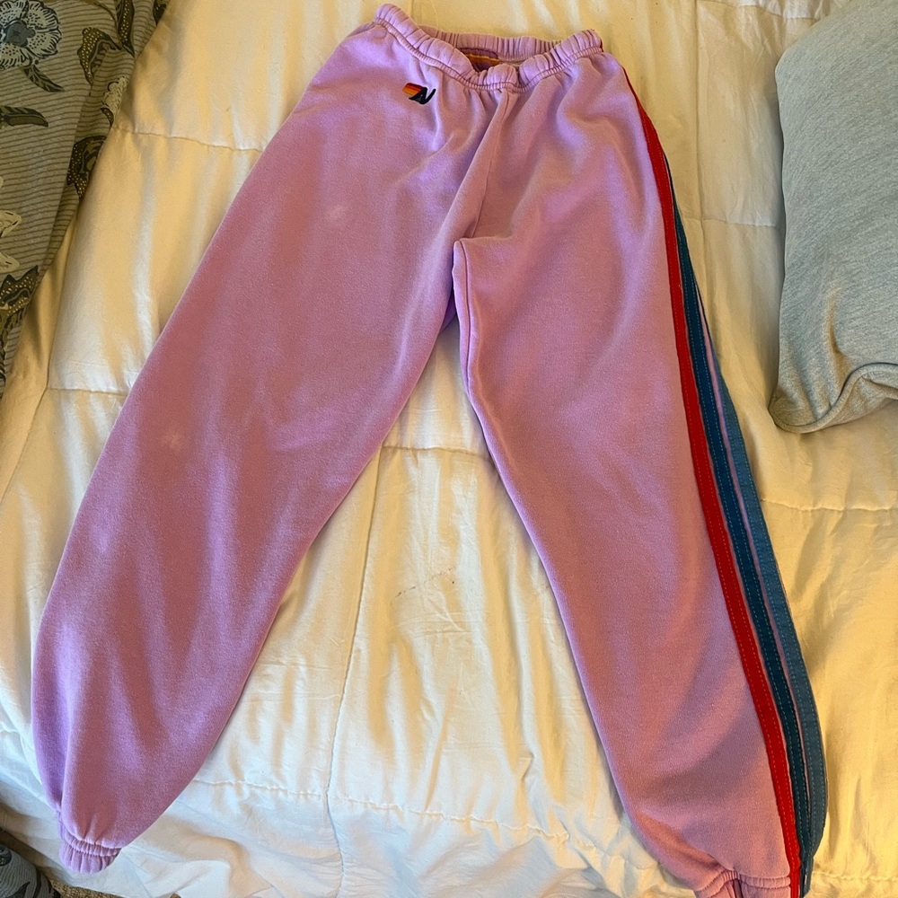 Aviator Nation Pink Sweatpants with Rainbow Stripes